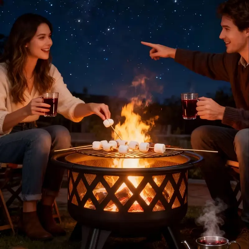 Aoxun 2 in 1 Fire Pit with Grill 30'' Wood Burning Outdoor Fire Pits Outside with Metal BBQ Grill Spark Screen Poker for Patio Backyard Garden 360° Adjustable Grill Airflow Design - Exterior