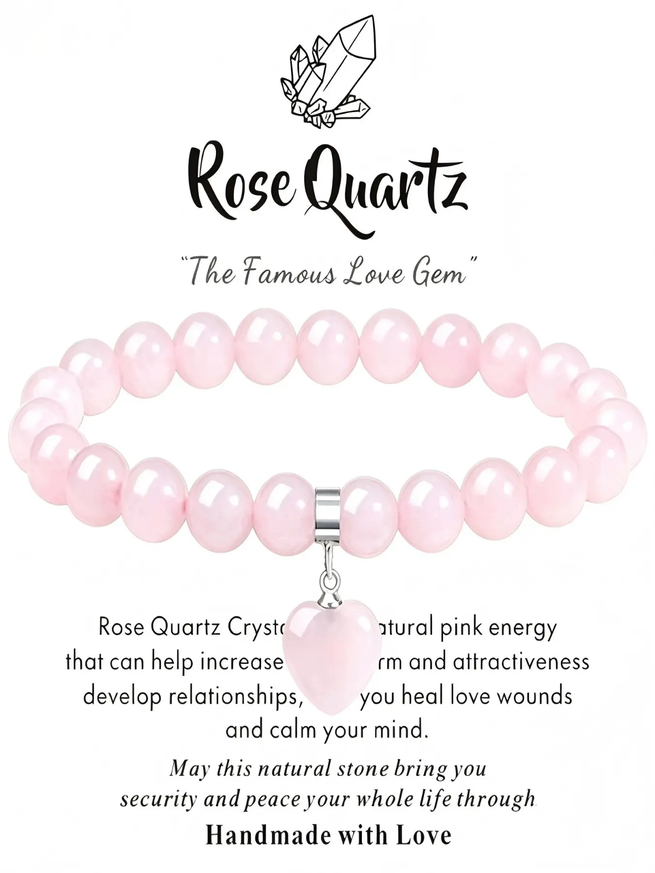 Women's crystal bracelet, Healing crystal bracelet, Beautiful bracelets, 8mm natural gemstone beaded bracelet, heart-shaped bracelet gift, suitable for birthdays, Mother's Day, Valentine's Day, and anniversaries