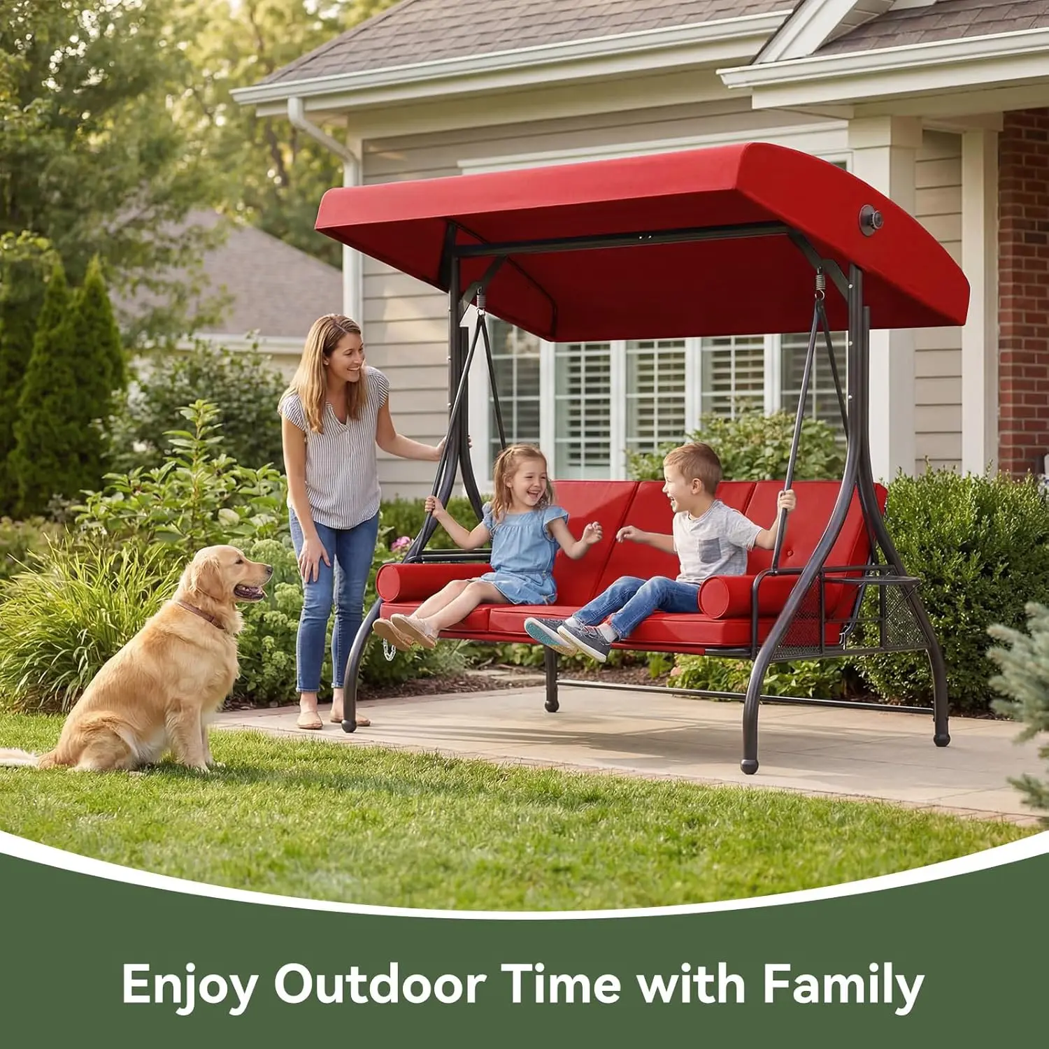 Jolydale Outdoor Porch Swing with Stand and Canopy, 3Seats Outdoor Swings for Adults, Convertible 2 in 1 SwingBed with Cup Holder, Patio Swings with Thicken Cushions forGarden, Yard & Balcony