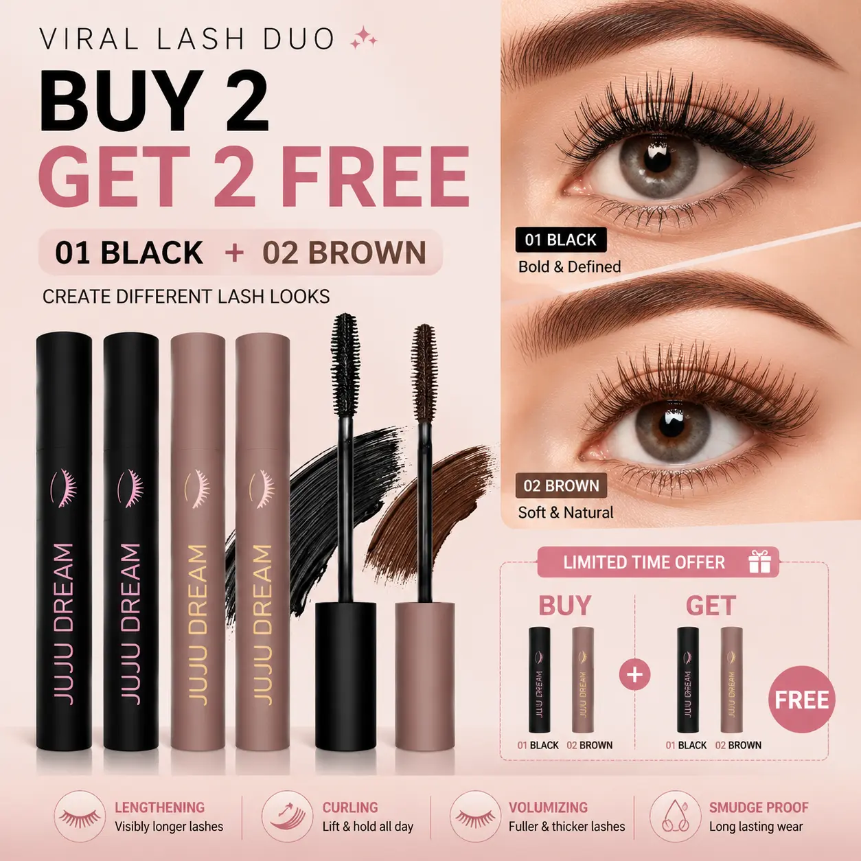 Mascara Duo Set 01 Black + 02 Brown, Buy 2 Get 2 Free Gift Set, Lengthening Volumizing Curling Mascara, Natural & Dramatic Lash Look, Long Lasting Eye Makeup