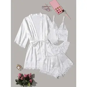 Women’s Honeymoon Silk Satin Bridal Pajama Set, 4 Pieces, Floral Lace Camisole Sleepwear with Robe