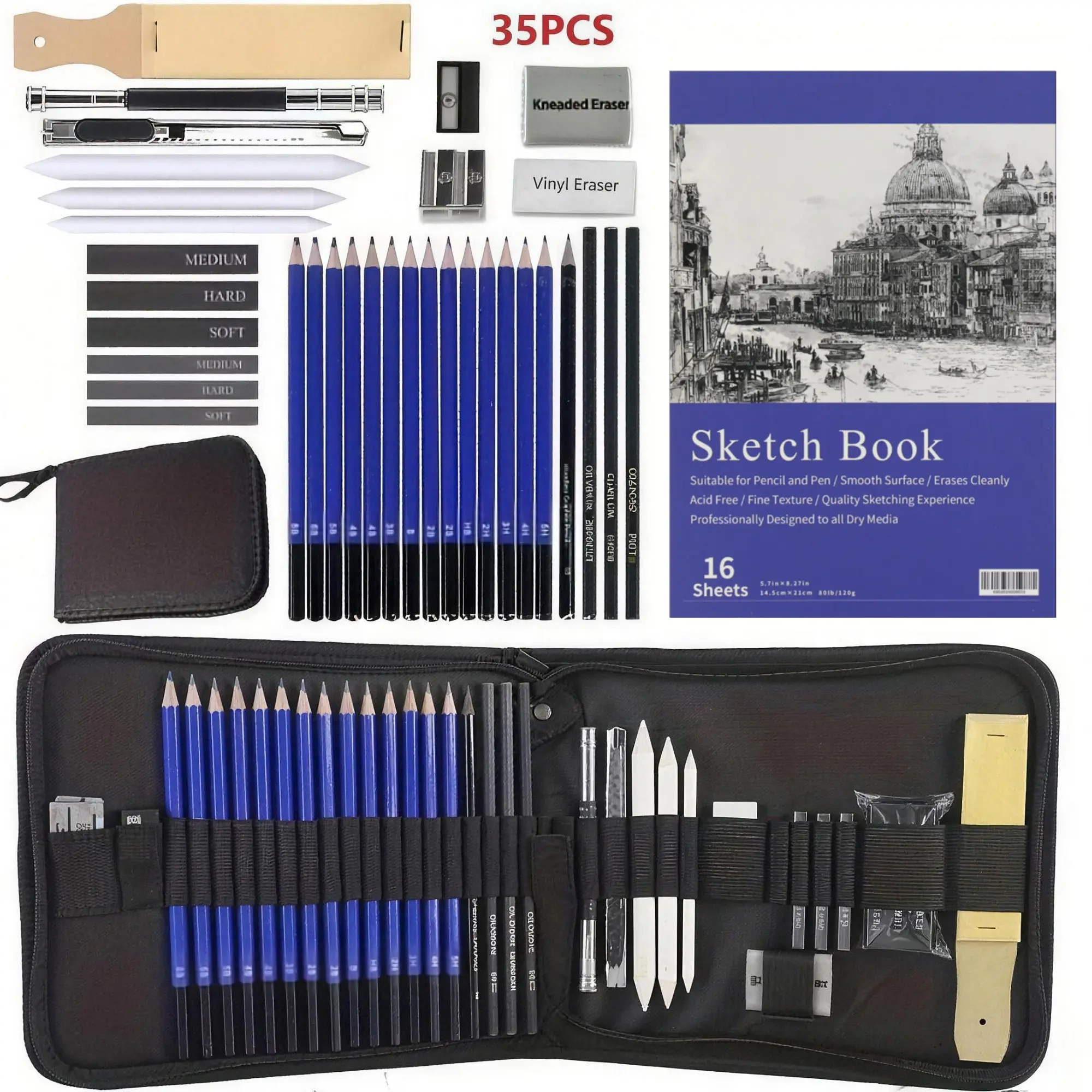 35pcs Professional Drawing Pencil & Charcoal Art Supplies, Complete Sketching Set with Wood Pencils (HB, 2, 4, 6), Charcoal Pencils (HB, 2, 4, 6), Charcoal Sticks & Art Materials for Artists, Pencils for Beginners and Professional Artists Art Sets