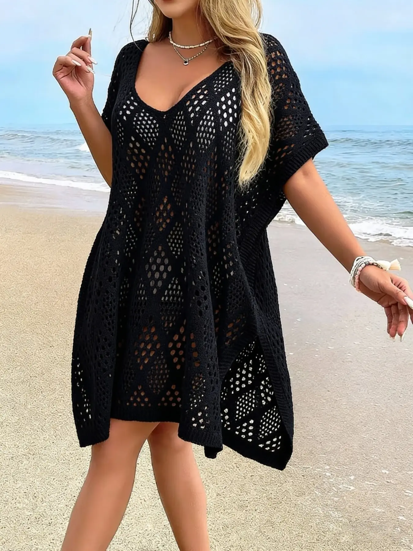 Elegant V Neck Crochet Beach Dress, Sexy Elastic Cover Ups, Side Slit, Suitable for Summer Vacation, Beachwear Cover-Up, Beach Coverup