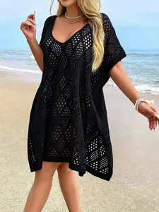 Elegant V Neck Crochet Beach Dress, Sexy Elastic Acrylic Hoodie, Side Slit, Spring Summer Fall, Vacation, Beach Cover Ups
