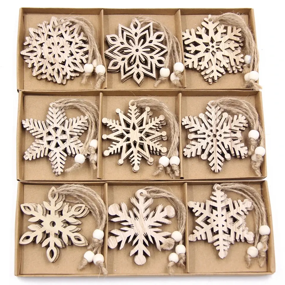 12PCS/Box Vintage Snowflake Christmas Wooden Pendants Ornaments  Christmas Tree Ornaments Christmas Decorations Hanging Gifts