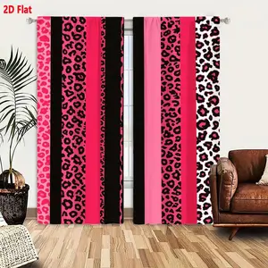2D Flat 2-Pack Colorful Leopard Print Curtains, Vertical Striped Pattern with Pink & Black Leopard Spots on White Background, Black Scalloped & Solid Vertical Strips, Bold Vibrant Design for Living Room Bedroom