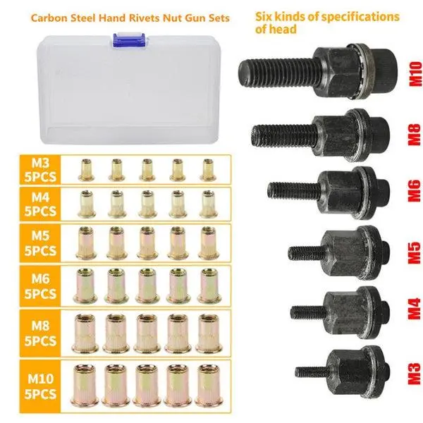 GJANSH Rivet Nut Tool Kit, 150pcs SAE/Metric Rivet Nut Assortment Kit , w Galvanized Carbon Steel Flat Head Threaded Insert Nuts ( 150pcs) ,Threaded Insert Nut Set, M3/M4/M5/M6/M8 Threaded Nut Set, Stainless Steel Rivet Nut Assortment Kit