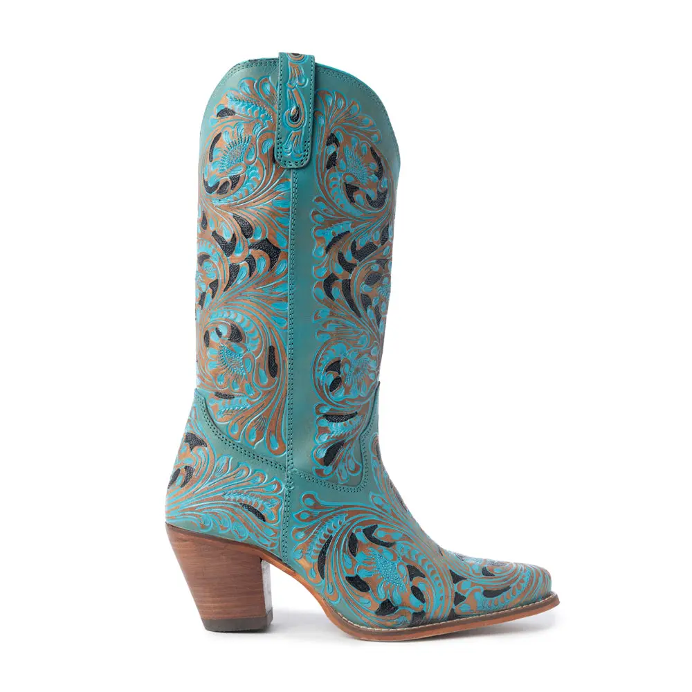 Women's Turquoise Rodeo Cowgirl Boots, Genuine Leather Western Boot with Hand-Tooled Embroidery, Snip Toe & 2.56" High Heels, Cowboy Boot, Rodeo Outfit Inspo