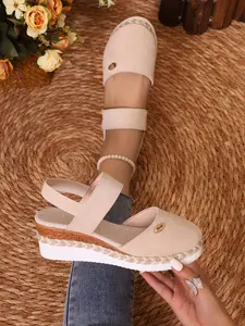 Plus Size Women's Wedge Heeled Sandals, Closed Toe, Elastic Strap, Bohemian Style, Lightweight Roman Sandals, Perfect for Summer