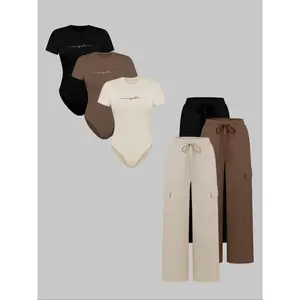 Women’s knitted letter-print jumpsuit set with long pants—fashionable, casual, multifunctional, ideal for daily commuting; 6-piece set GARMENTARY