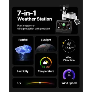 VEVOR 7-in-1 Wi-Fi Weather Station,  7-Inch TFT Display, Wireless Solar Powered Outdoor Sensor, Rain Gauge, Indoor Outdoor for Weather Forecast, Wind Speed Direction, Temperature, Humidity, Rainfall