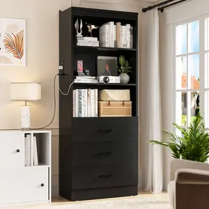 71"H Bookshelf with USB Ports and Outlets, Wooden Bookcase with 3 Drawers & Open Shelves, 6-Tier Tall Storage Cabinet Book Shelf Storage Organizer for Living Room, Home Office