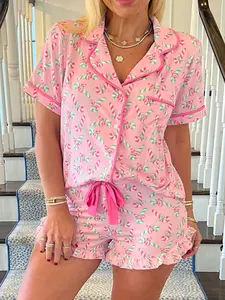 2-Piece Women's Christmas Cane Candy Print Short Sleeve Shorts Fitted Pajamas with Bow Set - Comfortable Casual Aesthetic Home Wear Loungewear Nightwear for All Seasons Pjs