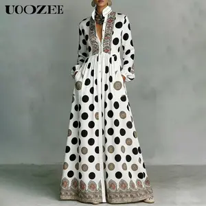 UOOZEE Women's New 2026 Bohemian Polka Dot Big Hemline Puff Sleeves Stand Collar Maxi Dress, Tribal Print Long Sleeve Button-Front Dress with Pockets, Vacation Shirt  Dress, Tall Length (Ladies with C - Cup and Above Need To Order One Size Up)