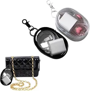 2 Pcs Portable Clear Zippered Storage Bag with Keychain - Multifunctional Tech Case with Top & Side Opening, Scratch- Protective Cover, Travel-Friendly Organizer for Electronics Accessories