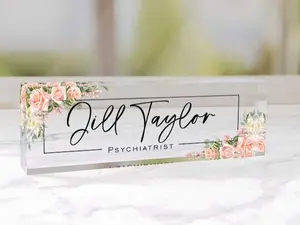 Personalized Desk Name Plate Block | Flower Desk Name Sign