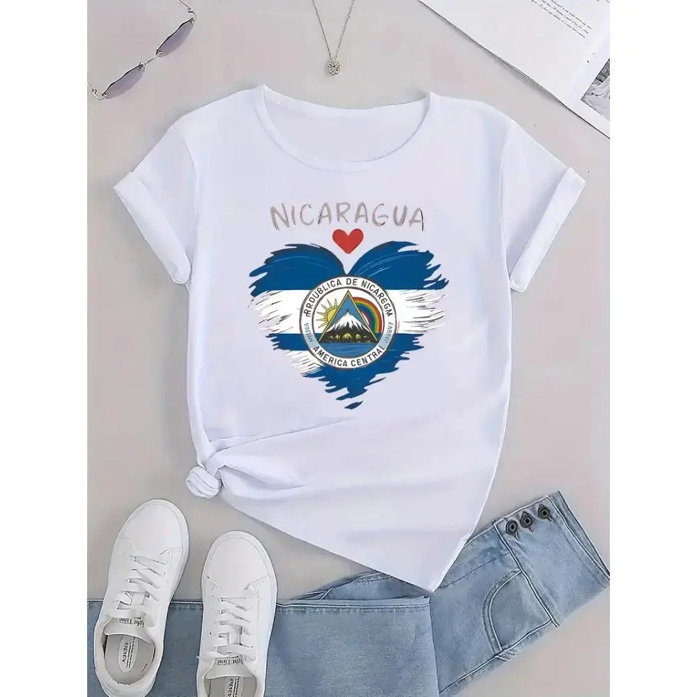 Women's Casual Short Sleeve T-Shirt - I Love Nicaragua Flag & Pledge Graphic Print, Round Neck, Medium Stretch, Machine Washable, All-Season Comfort Top for Casual Attire & National Pride,White Womenswear Tshirt