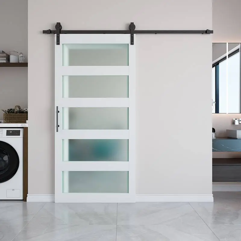 Contemporary 5-Lite Stain Repellent Sliding Frosted Glass Door - Extra Thick 100% Privacy MDF+PVC Privacy Panels, Preassembled for Closet, Kitchen, Pre-Drilled Holes, Hardware Kit, Handle, Floor Guides, Easy Assembly, Installation Manual Included