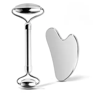 Stainless Steel Face Roller & Gua Sha Set, Facial Massage Tools for Lifting, Tightening & Wrinkle Reduction, Improves Puffiness & Circulation, Skin Care Massager for Face, Eyes & Neck, Anti-Aging Sculpting Tool Kit