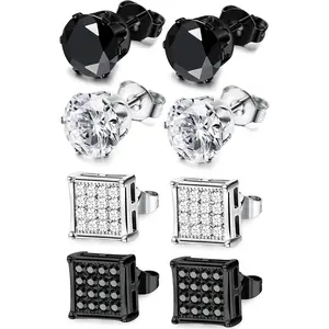 4 Pairs Stainless Steel Stud Earrings for Men Women  Black Square Earrings Set Mens Earrings Inlaid Cubic Zirconia 6-10MM