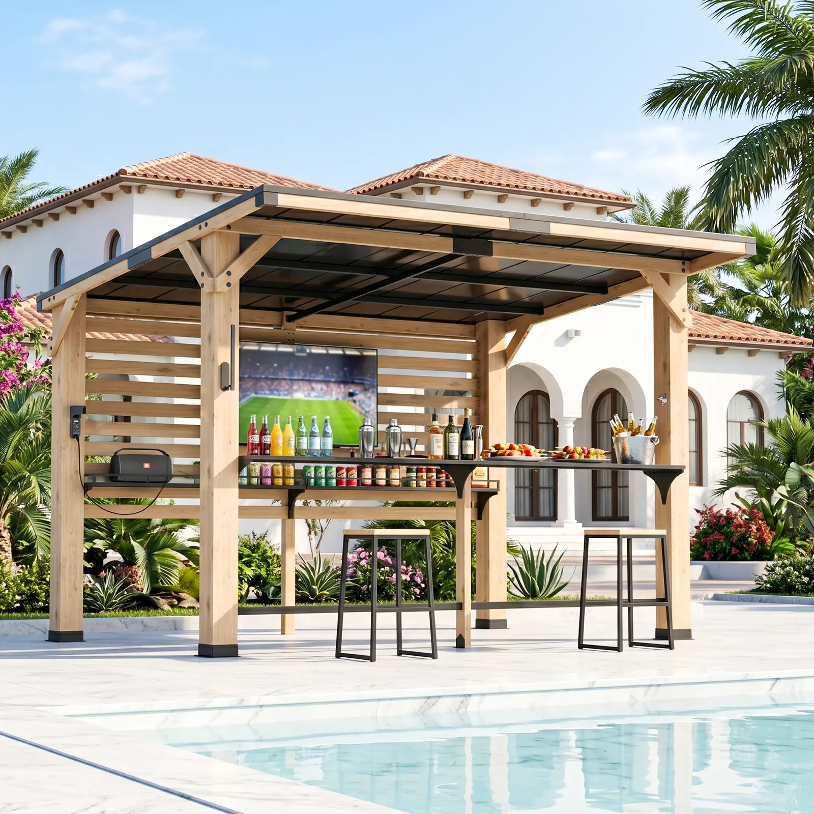 ABORON Sturdy Outdoor Grill Gazebo - Cedar Wood Patio Bar Pavilion with Galvanized Steel Roof, Power Outlets, TV Mount, BBQ Shelter Canopy for Backyard, Sun Protection, Movie Night, Sports Use, Outdoor Kitchens sohochic