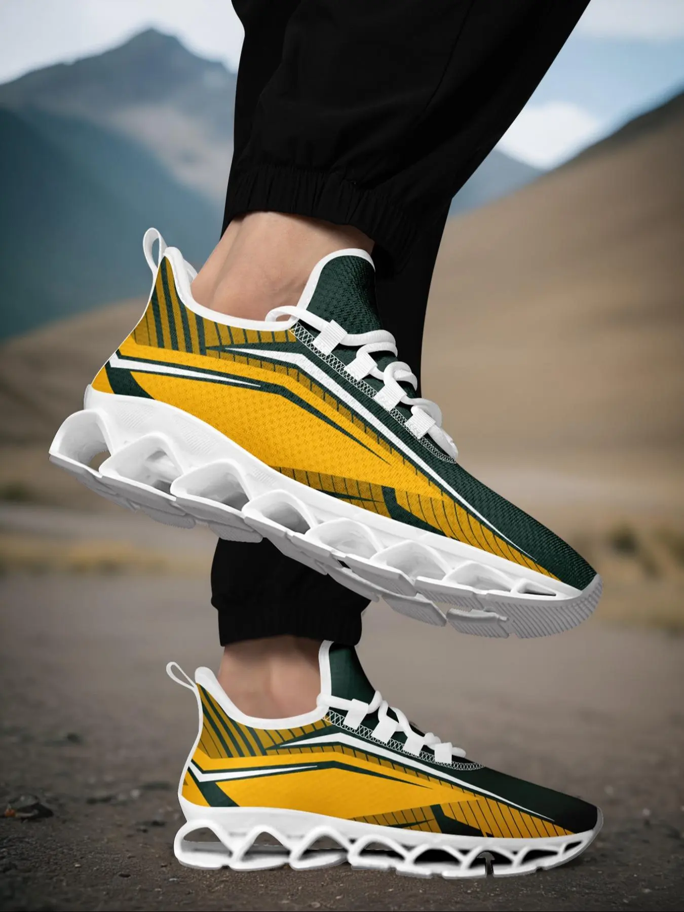Men's Colorblock Lace Up Running Shoes, Casual Comfortable Breathable Sports Shoes, Wide Fit Tennis Green Bay Football Designed Sneakers for Men