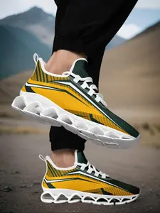 Men's Colorblock Lace Up Athletic Running Shoes, Casual Comfortable Breathable Sports Shoes, Wide Fit Tennis Green Bay Football Designed Sneakers for Men