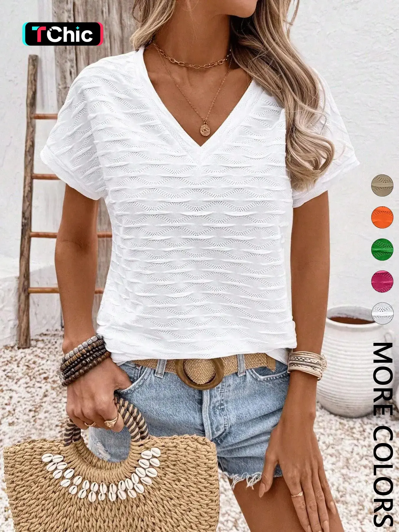Women's Casual Versatile Loose Solid Color Texture Short Sleeve T-Shirt Tops, V Neck Short Dolman Sleeves, Breathable Lightweight Fabric, Basic Minimalist Style Fit for Daily Wear, Summer Vacation, Commute and Beach Wear