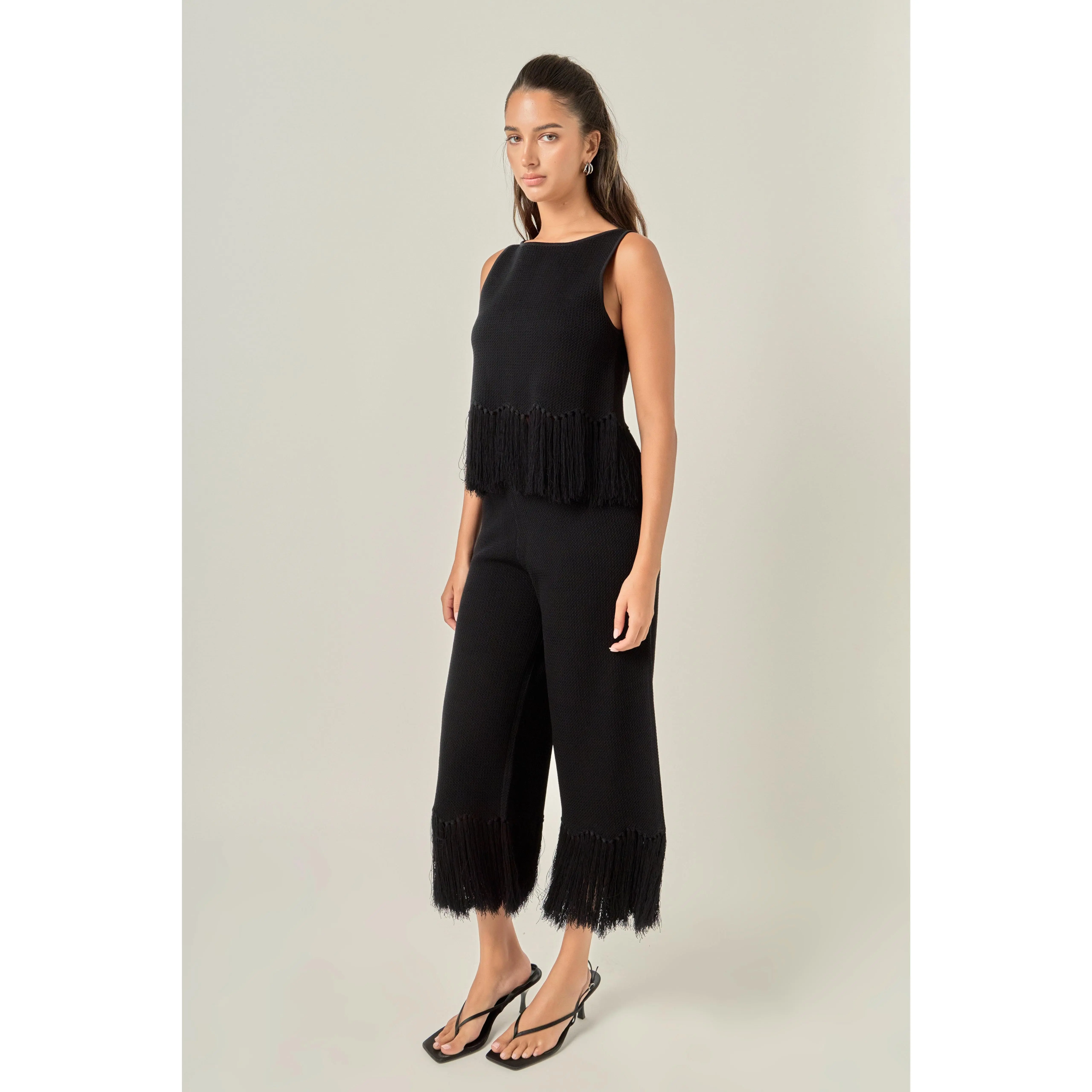 Fringe Detailed Sleeveless Knit Pants