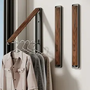 1pc, Foldable Wall-mounted Clothes Rack, Clothes Hanging Rack, Black Walnut Wood Grain + Space Aluminum Bracket Design, Foldable Telescopic Drying Rod, Laundry Drying Rack, Suitable for Multiple Scenarios, Adjustable Clothing Racks