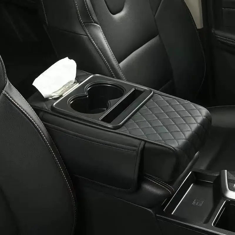 AutoVerve Elite Armrest Box Storage Bag - Multifunctional Armrest Cover Seat with Cup Holders, Tissue Box, Central Elbow Heightening Mat, Console Organizer, Automotive Interior Accessory, Car Cup Holders