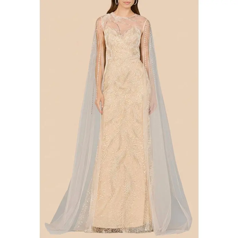 Long Cape Beaded Gown