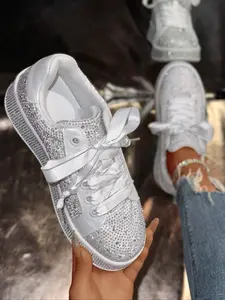 Women's Fashionable Rhinestone Decor Lace Up Low Top Sneakers, Casual Comfortable Sports Shoes for Daily Wear, Perfect Shoes for Parties and Special Occasions