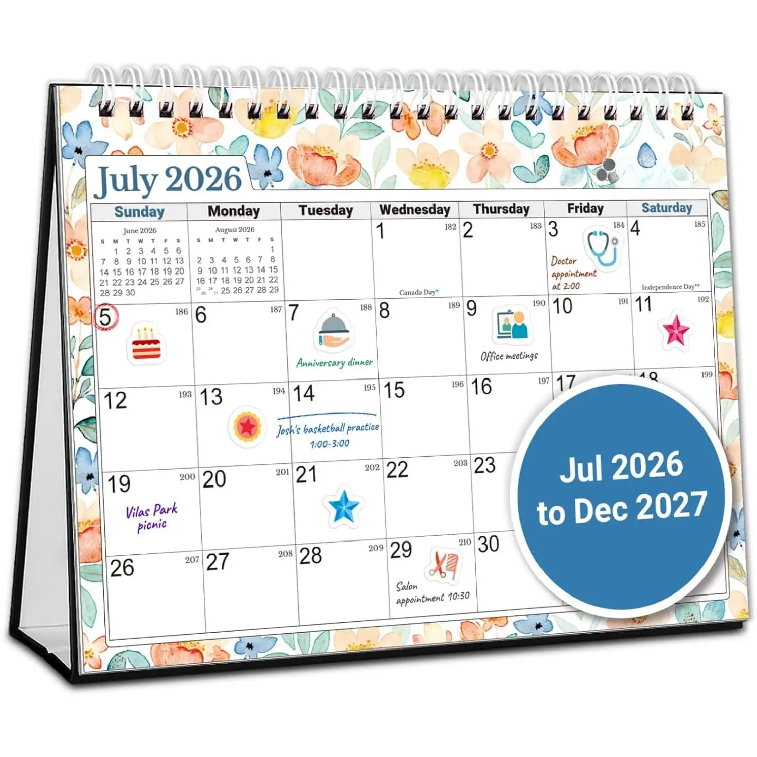 Small 8x6 Standing Desk Calendar 2026-2027, July 2026 to December 2027, Academic Flip Tent Calendar with Floral Designs, Thick Paper, Free Stickers,  Size for 6 x 8 Desktop Planner