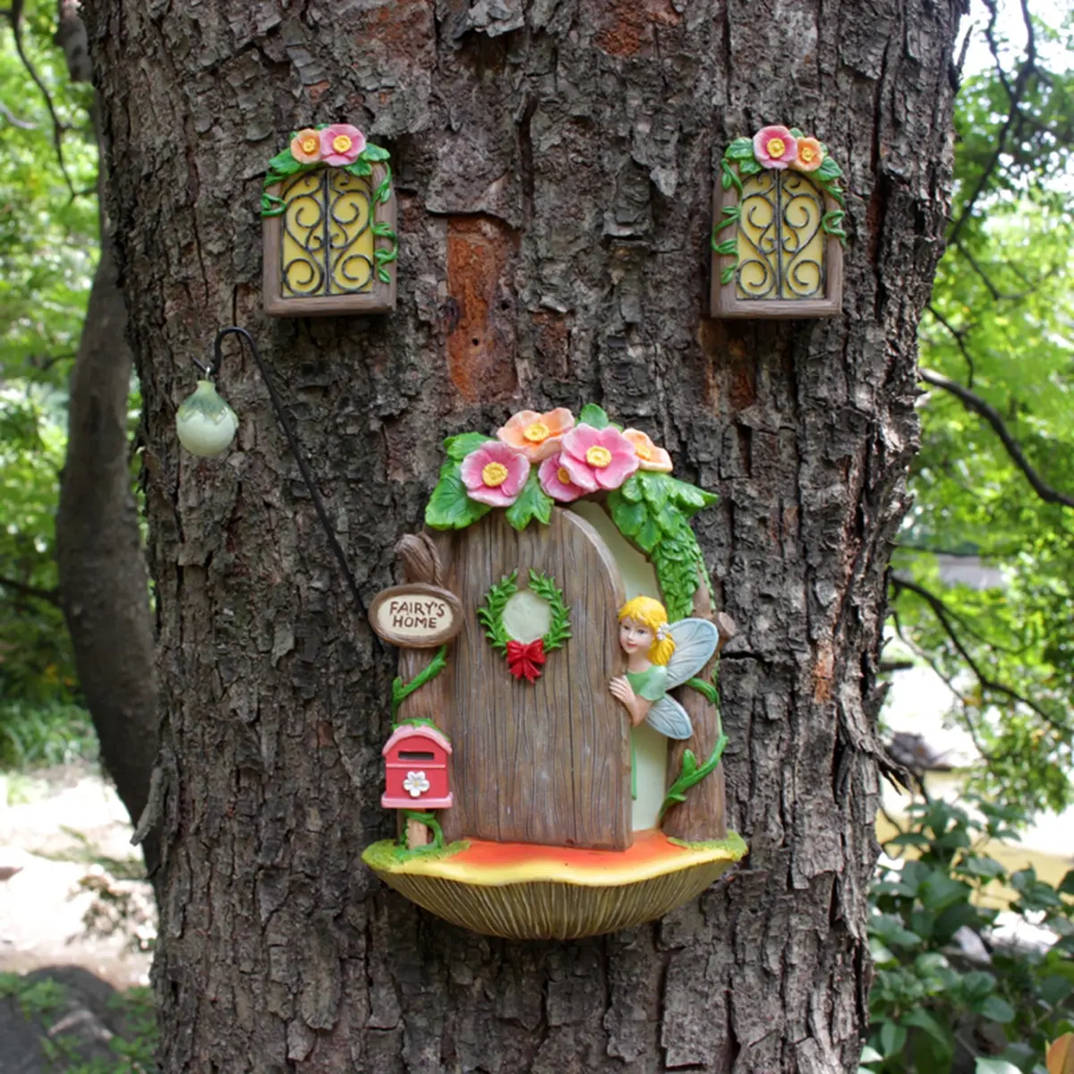 4pcs Fairy Mailbox Door Hanging Set, Glowing Resin Statue, Elegant Outdoor Garden Decor, Wall-Mounted Yard Porch Patio Decoration, Garden Accessories, Exterior Decorative Statues
