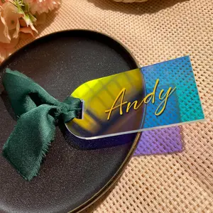 10PCS Iridescent Acrylic Place Cards with Ribbon,Stylish Arched Name Cards for Dinner Table Setting,Blank Acrylic Name Tags for Wedding,Anniversary,Gift,Party,Festival Decor(3.5" x 1.8")