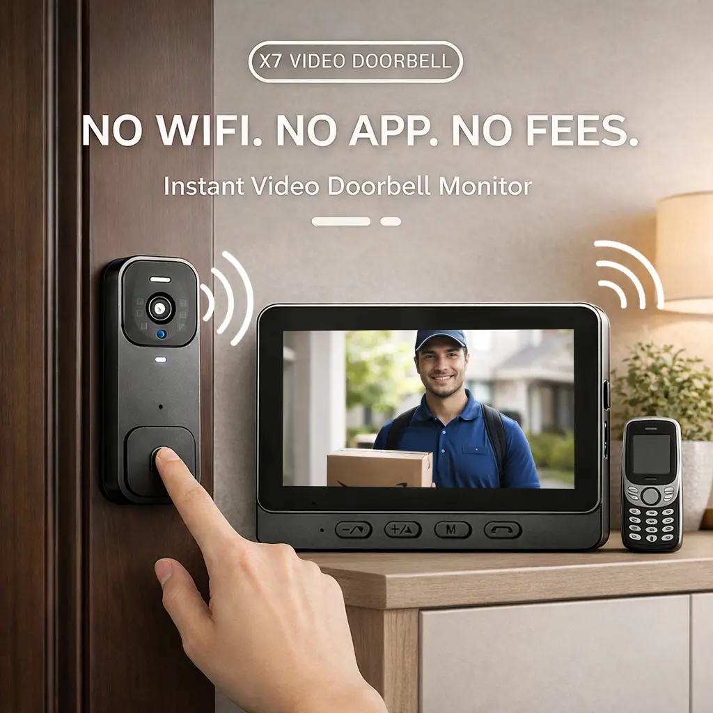 X7/X8 Wireless Smart Doorbell Camera with Monitor, 2-Way Intercom, Home Security System, Night Vision, No WiFi/No App/No Monthly Fees, Micro SD Compatible, Two Way Intercom