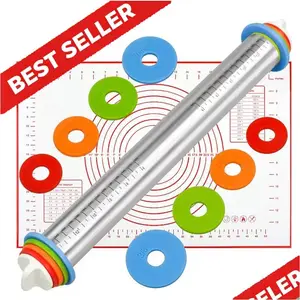 Adjustable Stainless Steel Rolling Pin with Thickness Rings - Non-Stick Dough Roller for Baking, Pizza & Cookies - Professional Metal Rolling Stick - Easy to Clean & Dishwasher Safe