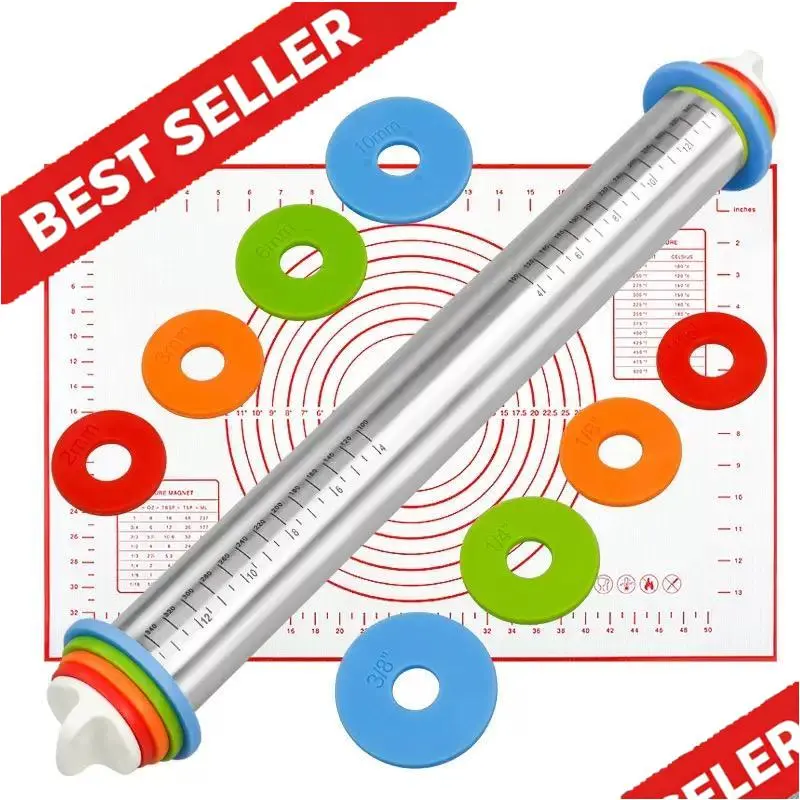 Durable Stainless Steel Adjustable Rolling Pin with Thickness Rings - Non-Stick Baking Accessory, Anti-Adherente Dough Roller for Baking, Pizza - Professional Metal Stick, Easy to Clean, Dishwasher Safe, Baking Accessories, Rolling Pins For Baking