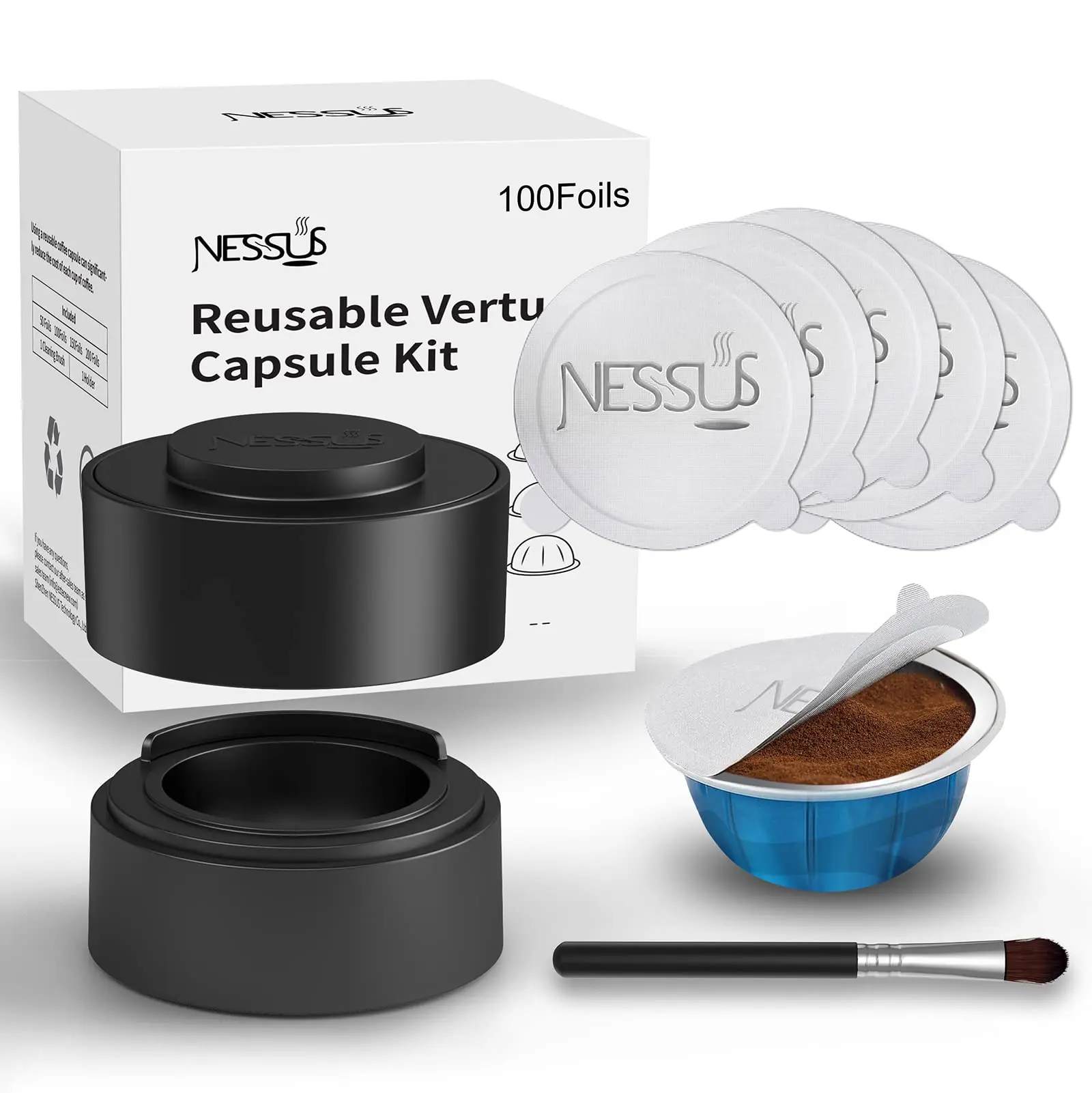 Reusable Vertuo Capsule Kit, [ALSeal EZ FIT] for Refillable Pods with 100 Pcs Aluminum Foil Seal Lids, Holder, Brush, for Refilling Vertuo Pods Reusable Vertuoline Pod Coffee Equipment Espresso Tools Adhesive