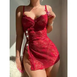 Women's 3pcs Lace Teddy Bodysuit Garter  Lingerie Set Underwire Sleep Dress with Thong