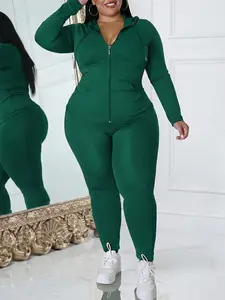 Plus Size Sporty Two-Piece Set, Sweatsuit with Pockets, Women's Zippered Hoodie and Slim Fit Pants, Comfortable Casual Sportswear for Active Lifestyle