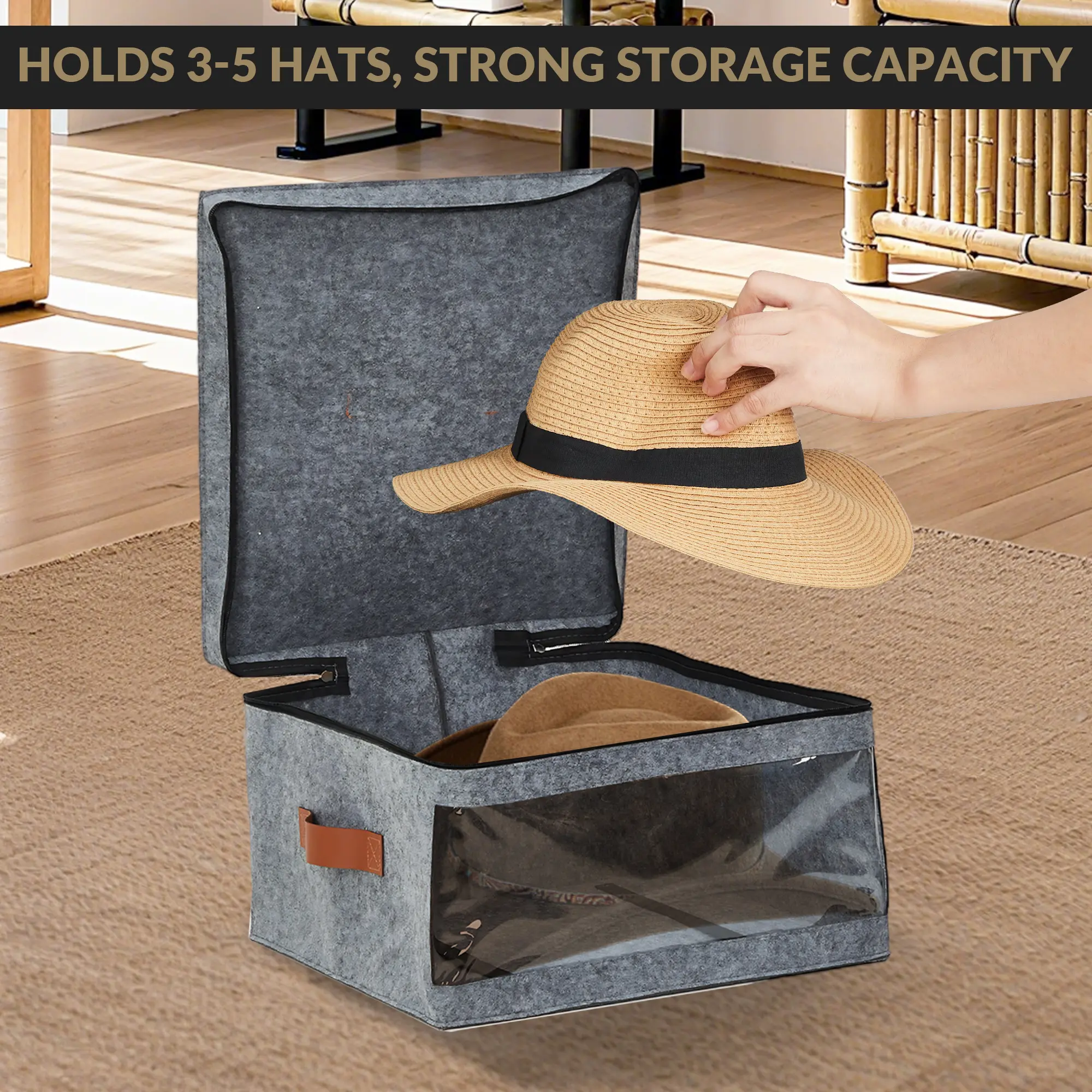 Garvee Superior Felt Hat Storage Box Set - 4 Pack Large Stackable Organizers with Lids & Clear Windows - Collapsible, Dustproof Carriers for Cowboy Hats & Wide Brim Caps - Closet & Travel Accessories for Men & Women (Gray)