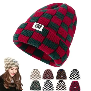 Women Winter Classic Plaid Beanie - Cozy Knit Skull Cap with Cuffed Design, Warm & Stylish for Winter Skiing Christmas Gifts