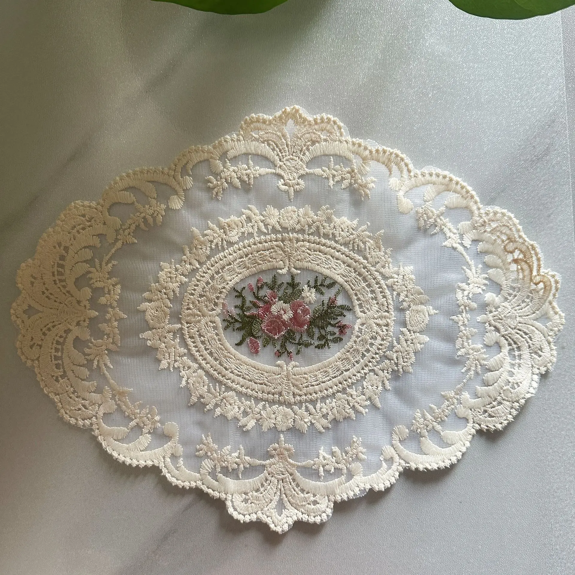 4pcs French Country Floral Lace Table Doilies, Hollow Crochet Embroidery Oval Table Mat, Transparent Mesh Table Decor for Home Wedding Photography Prop