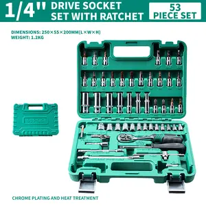 53-Piece Socket Ratchet Wrench Tool Kit Set, 3/8" Drive, SAE (5/16"-3/4") & Metric (8-22mm) 6-Point Cr-V Steel, Chrome Plated Heat Treated, with Ratchet Handle, Extension Rod & Connector, Secure Grip Mechanic Tools for Automotive Repair