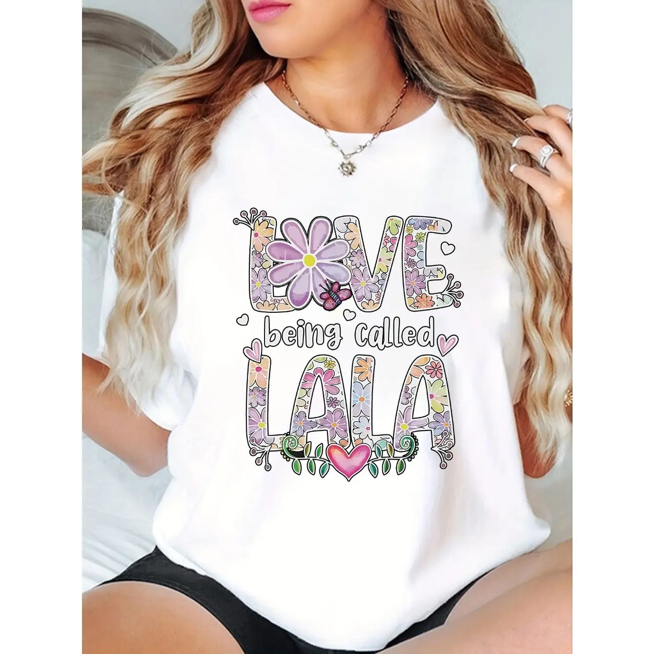 Women's LALA Graphic Cotton T-Shirt - Short-Sleeve Crew Neck, Regular Fit Oversized Piece, Soft Breathable Fabric, Durable Print, Everyday Comfort, Machine Washable, Casual Floral Print Indoor Wear