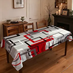 1 piece of 2D flat printed tablecloth  Modern Abstract Geometric Pattern Tablecloth, Red and Gray Contrast Color Table Cover, Decorative Dust-proof Tablecloth for Home Restaurant Hotel