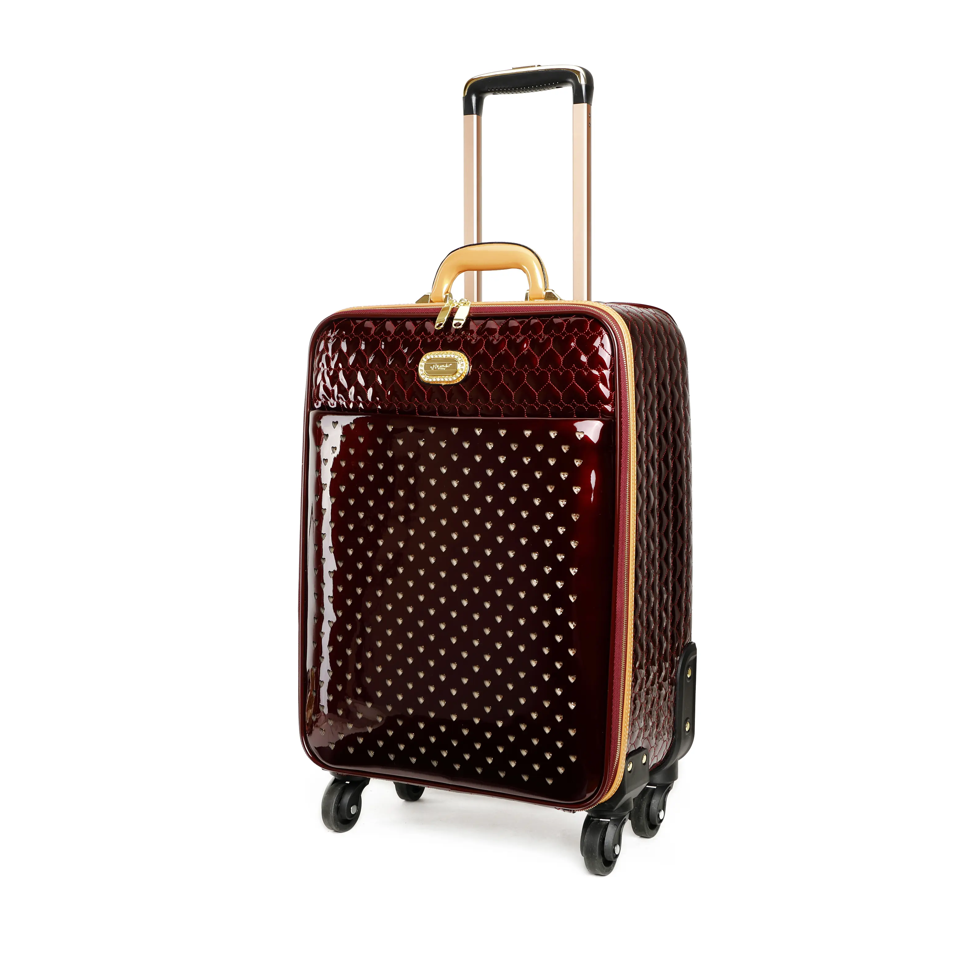 Elegant Carry-On Luggage - Textured Suitcase with Gold Handle, 4 Wheels and Gold Logo