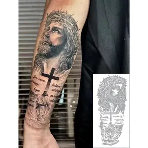 6-Sheet Realistic Temporary Fake Tattoo Set - Bold Jesus Cross Sticker Tattoos, Waterproof, Sweatproof, Reflective, 7-14 Day Wear, Black Henna Stencils, 6-in-1 Temporary Tattoos